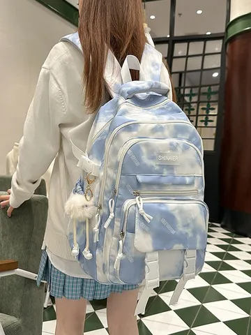 Zaino Casual in Nylon Impermeabile con Stampa Sfumata Tie-Dye per Studenti Adolescentemente con Grazioso Ciondolo in Peluche