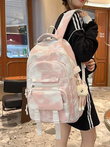 Zaino Casual in Nylon Impermeabile con Stampa Sfumata Tie-Dye per Studenti Adolescentemente con Grazioso Ciondolo in Peluche