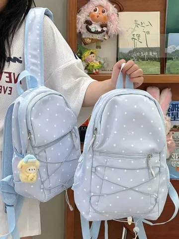 Korean Sweet Style Polka Dot Backpack For Women Girls Lightweight Nylon School Bag Casual Travel Rucksack With Front Pocket
