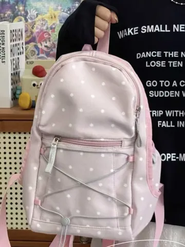 Korean Sweet Style Polka Dot Backpack For Women Girls Lightweight Nylon School Bag Casual Travel Rucksack With Front Pocket