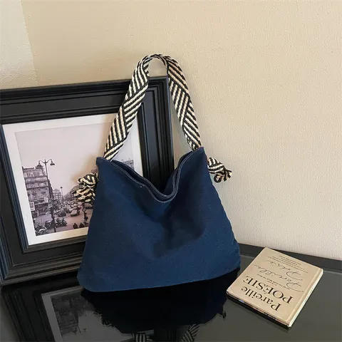 Borsa Tote in Denim da Donna Stile Coreano Grande Capacità Borsa a Spalla Casuale Con Tracolla a Righe Borsa Hobo Minimalista per Viaggio Quotidiano