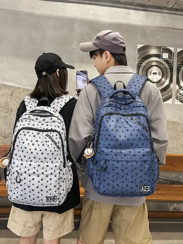 Vintage Streetwear Nylon Star Print Backpack For Students Unisex Multi-Compartment Durable School Bag For Youth Casual Daypack