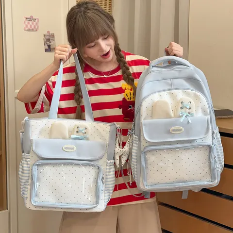 Cute Polka Dot Nylon School Backpack Large Capacity Student Bookbag With Transparent Front Pocket And Rabbit Ears