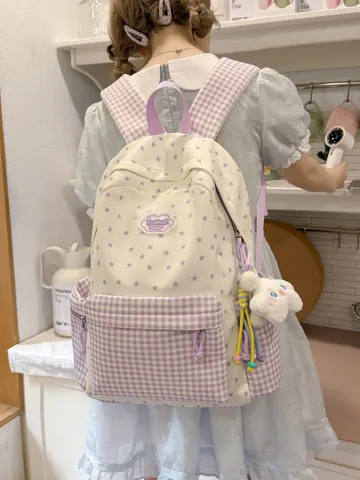 Sweet Girl Plaid Star Patchwork Backpack Nylon School Bag For Students Lightweight Casual Travel Daypack With Cute Pendant