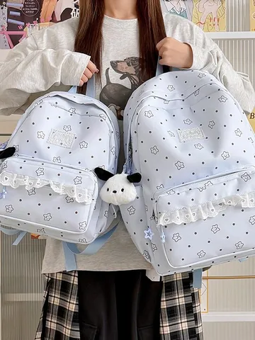 Sweet Lolita Style Cute Star Polka Dot Lace Bowknot Nylon Casual Backpack School Bag For Women Girls Daily Travel