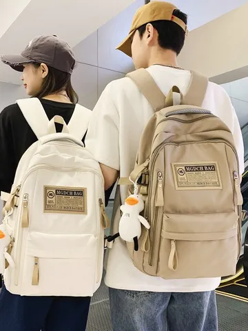 Casual Nylon Backpack Multi-Compartment School Bookbag For Teenagers Colorblocked Travel Daypack With Cute Duck Pendant