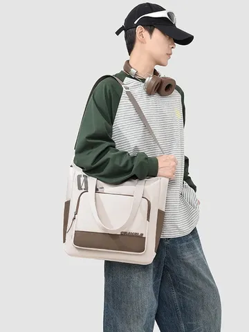 Men Oxford Cloth Color Block Tote Bag Korean Simple Casual Messenger Bag Large Capacity Laptop Shoulder Bag For Students