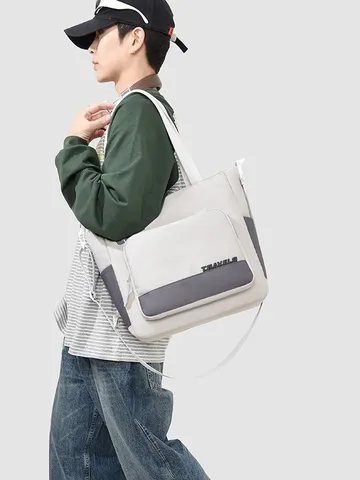 Men Oxford Cloth Color Block Tote Bag Korean Simple Casual Messenger Bag Large Capacity Laptop Shoulder Bag For Students