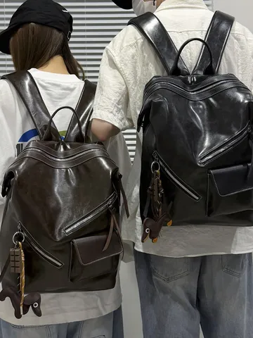 American Retro Motorcycle Style PU Leather Backpack Casual Large Capacity School Travel Bag For Unisex