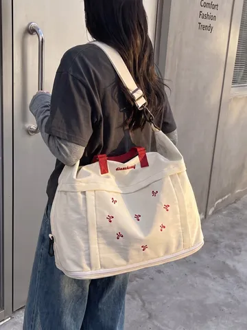 Borsa da Viaggio Espandibile di Grande Capacità da Donna Borsa da Palestra in Tela con Ricamo a Fiocco Borsa Casual per Fine Settimana