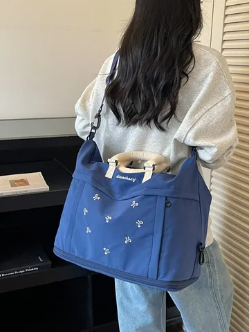 Borsa da Viaggio Espandibile di Grande Capacità da Donna Borsa da Palestra in Tela con Ricamo a Fiocco Borsa Casual per Fine Settimana