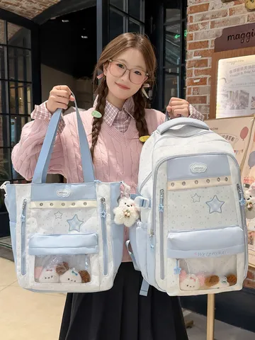 Women's Sweet Star Pattern Patchwork Backpack And Tote Bag Set Nylon School Bag For Teenagers With Clear Display Window