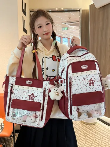 Women's Sweet Star Pattern Patchwork Backpack And Tote Bag Set Nylon School Bag For Teenagers With Clear Display Window