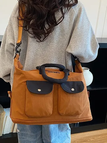 Retro Workwear Color Block Denim Travel Bag Large Capacity Expandable Gym Duffel Bag For Men Women School Outing Camping Luggage Bag