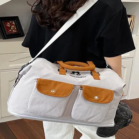 Retro Workwear Color Block Denim Travel Bag Large Capacity Expandable Gym Duffel Bag For Men Women School Outing Camping Luggage Bag