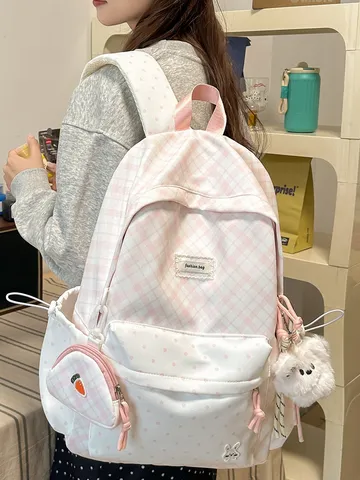 Japanese Style Plaid Patchwork Backpack For Girls Sweet Macaron Color School Bag For Students Teenagers Large Capacity Nylon Travel Backpack