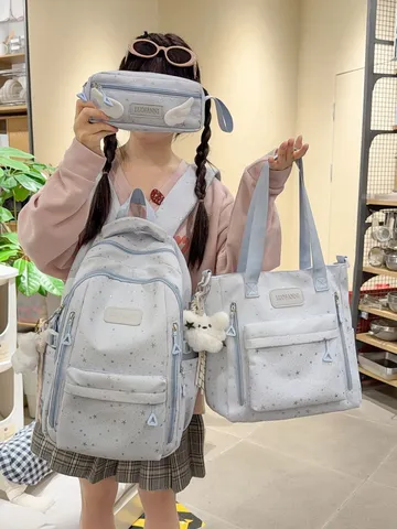 Set Zaino in Nylon con Motivo a Stelle in Stile Coreano per Studentesse Ragazze Adolescenti Zaino da Viaggio di Grande Capacità