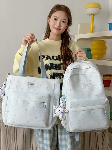 Japanese Style Star Print Backpack Set For Teen Girls Tie-Dye School Bag Soft Aesthetic Polyester Laptop Backpack Tote Bag