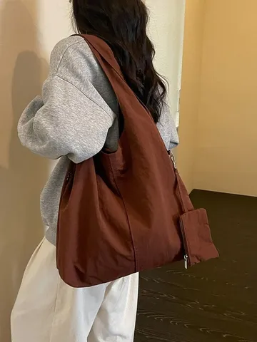 Borsa Tote Marrone Vintage da Donna Grande Capacità in Tessuto Borsa a Spalla Stile Retrò Maillard per Studentesse Casual Scuola Uso Quotidiano