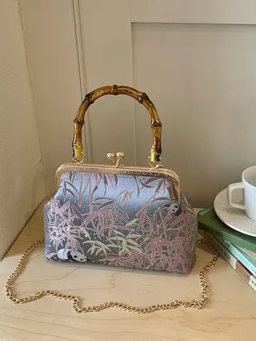 Women's New Chinese Style Satin Brocade Kiss Lock Bag Retro Panda Bamboo Embroidery Evening Bag With Bamboo Handle Shoulder Crossbody Handbag