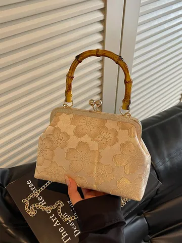 Vintage Chinese Style Embroidered Evening Bag Women Hanfu Qipao Handbag Bamboo Handle Kiss-Lock Crossbody Purse For Wedding Party