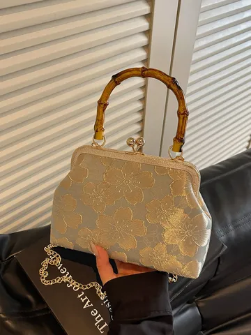 Vintage Chinese Style Embroidered Evening Bag Women Hanfu Qipao Handbag Bamboo Handle Kiss-Lock Crossbody Purse For Wedding Party