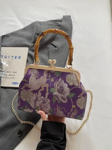 Retro Chinese Stijl Brokaat Borduurwerk Avondtas Voor Vrouwen Vintage Bamboe Handvat Kussluiting Ketting Schouder Crossbody Handtas Bruiloft Banket Feesttas