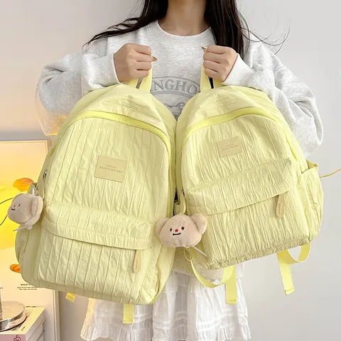 Women Lightweight Nylon Pleated Backpack Casual Solid Color School Bookbag Travel Daypack With Bear Pendant