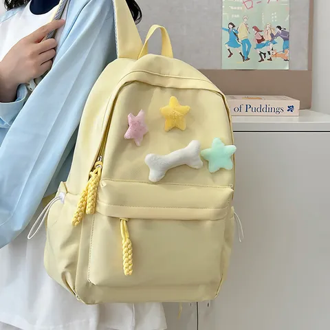 Student Simple All-Match Casual Nylon Backpack Cute Mini School Bookbag With Star Bone Pendants Daily Travel Daypack