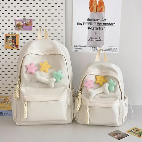 Student Simple All-Match Casual Nylon Backpack Cute Mini School Bookbag With Star Bone Pendants Daily Travel Daypack