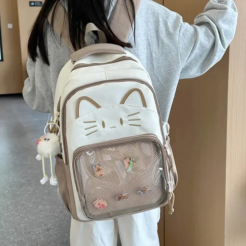 Cute Cat Ita Backpack Preppy Style Nylon School Bag With Transparent Window Casual Daypack For Women