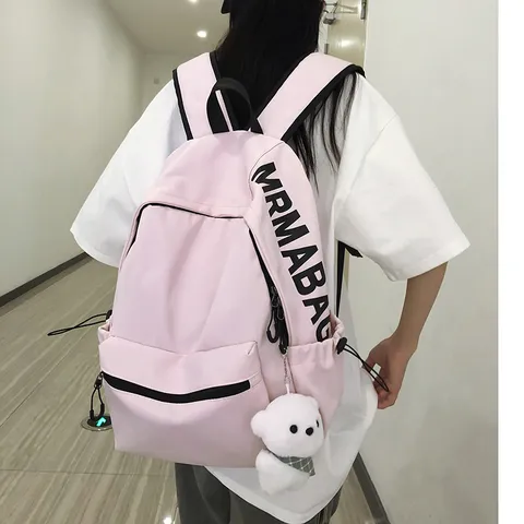 Lightweight Solid Color Casual Backpack For Women Korean Style Large Capacity School Bag With Bear Pendant