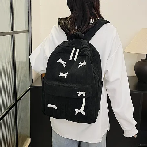 Japanese Style Corduroy Backpack For Women Girls Cute Bowknot Casual School Bag Minimalist Travel Daypack