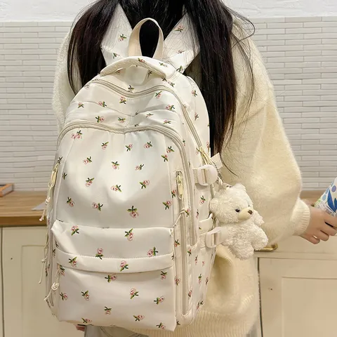 Japanese Style Floral Backpack Casual Nylon School Bag Cute Bear Pendant Travel Daypack For Women College Student