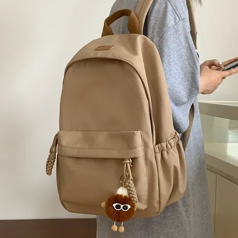 Korean Style Casual Nylon Backpack For Women Large Capacity School Bookbag Waterproof Travel Daypack With Cute Pendant