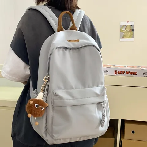 Korean Style Casual Nylon Backpack For Women Large Capacity School Bookbag Waterproof Travel Daypack With Cute Pendant