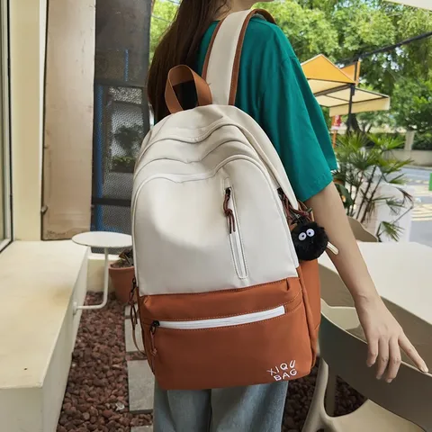 Minimalist Nylon Casual Backpack Color Block School Bookbag Waterproof Laptop Daypack For Women Students
