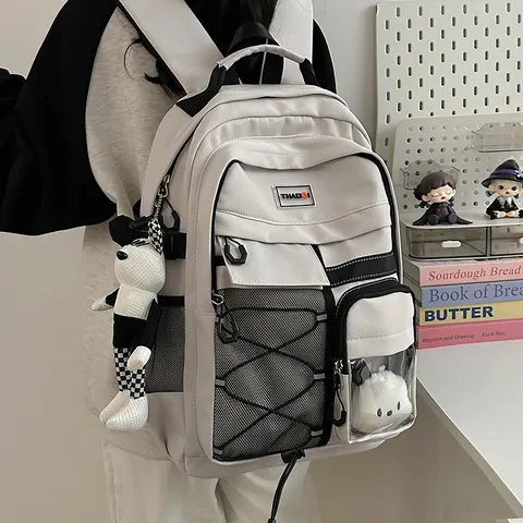 Large Capacity Utility Style Backpack For Students Waterproof Nylon School Bag Casual Travel Rucksack With Pendant