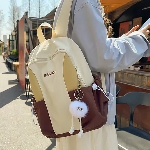 Waterproof Nylon Casual Backpack Large Capacity School Bag For Women Travel Daily Daypack With Cute Plush Pendant
