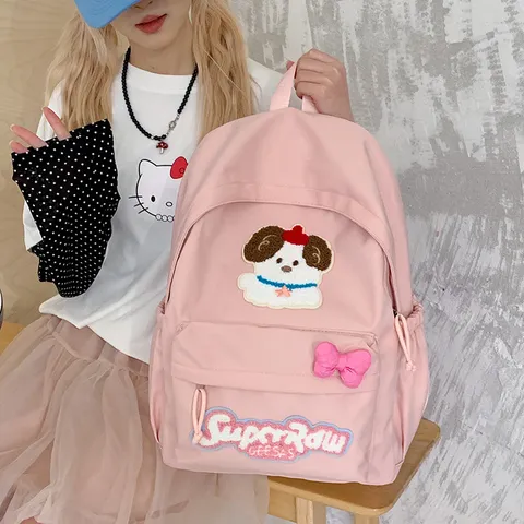 Japanese Ins Style Cute Puppy Patch Backpack Waterproof Nylon School Bag Large Capacity Casual Daypack For Girls Students