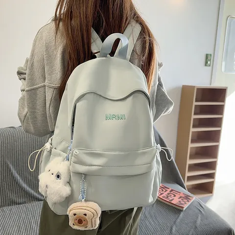 Japanese Ins Casual Nylon School Backpack For Women College Girls Travel Bookbag With Cute Pendants