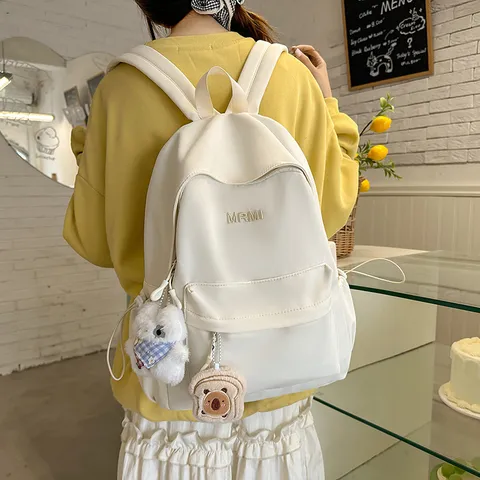 Japanese Ins Casual Nylon School Backpack For Women College Girls Travel Bookbag With Cute Pendants
