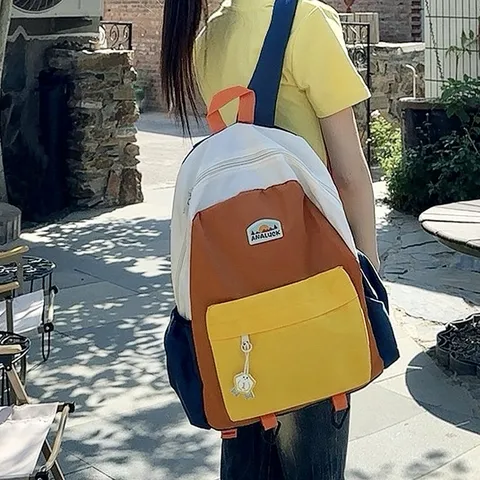 Kids Waterproof Nylon Backpack Lightweight Colorblock School Bag Casual Daypack For Boys And Girls Daily Travel