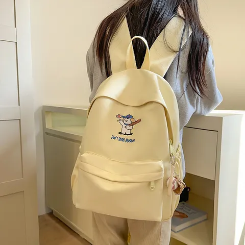 Ins Simple Cartoon Puppy Embroidery Nylon Large Capacity Backpack High School Student School Bag Computer Bookbag