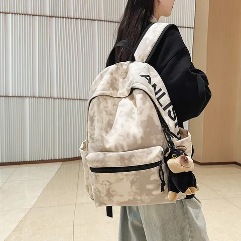 American Retro Nylon Casual Backpack Large Capacity School Bag Unisex Travel Computer Bookbag With Puppy Pendant
