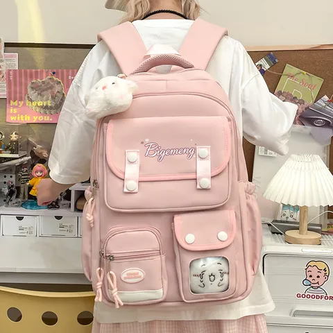 Casual Nylon College Style Large Capacity School Backpack For Women Multi Pocket Computer Book Bag With Cute Pendant