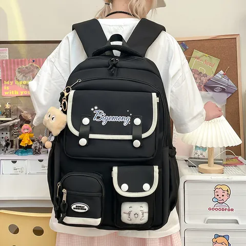 Casual Nylon College Style Large Capacity School Backpack For Women Multi Pocket Computer Book Bag With Cute Pendant