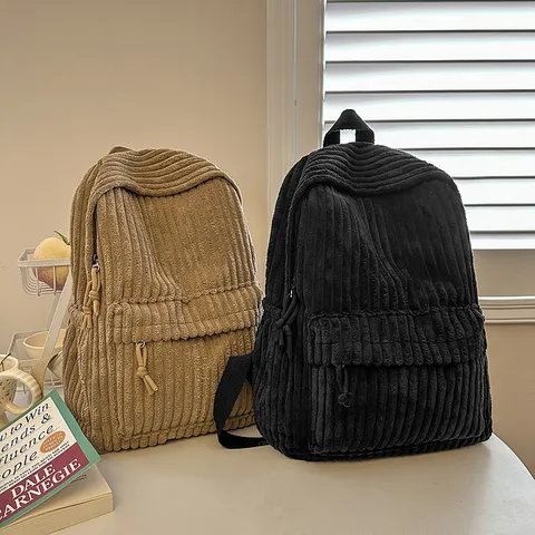 Women Casual Nylon Corduroy Backpack Large Capacity School Bag Cute Travel Daypack Daily Commuter Bookbag