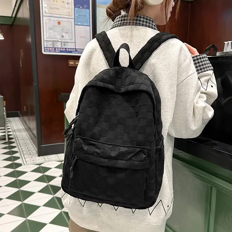 Women's Casual Nylon Backpack Large Capacity Plaid School Bag Minimalist Fashion Travel Daypack Bookbag