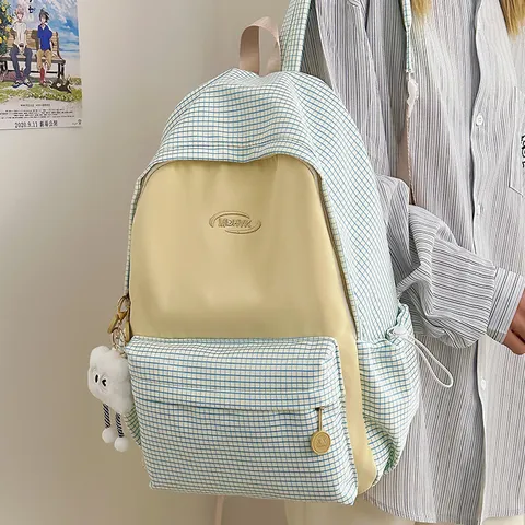 Ins Japanese Plaid Backpack Large Capacity Student School Bag Waterproof Nylon Casual Travel Daypack With Pendant